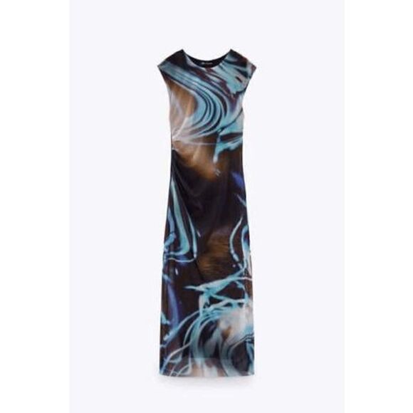 ZARA WOMAN NWT PRINTED TULLE DRESS BLUE BLACK - Picture 9 of 13